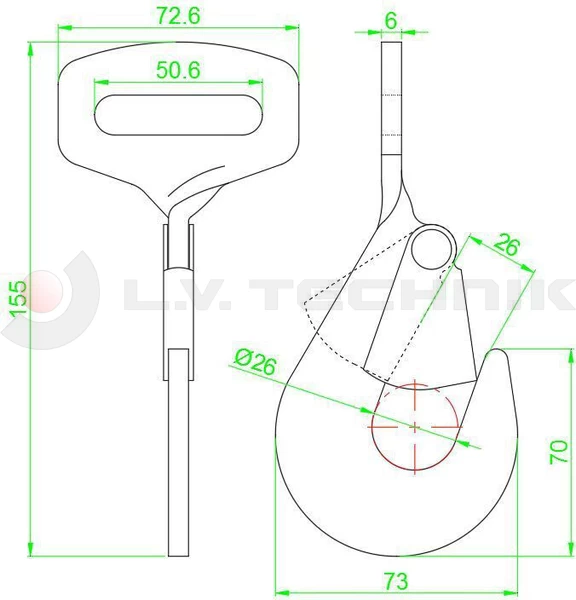 Flat rotated hook 50mm 90° 5t